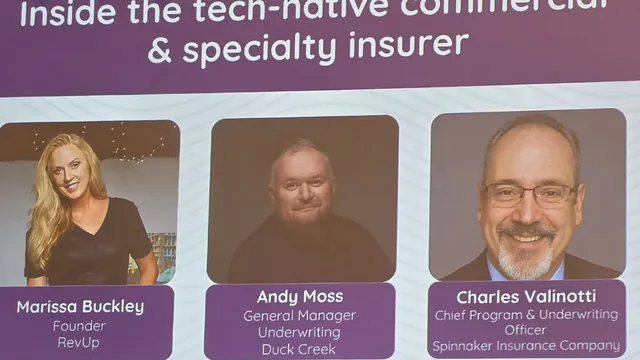Session title slide reading Inside the tech-native commercial and specialty insurer, with photos of the moderator and two panelists.